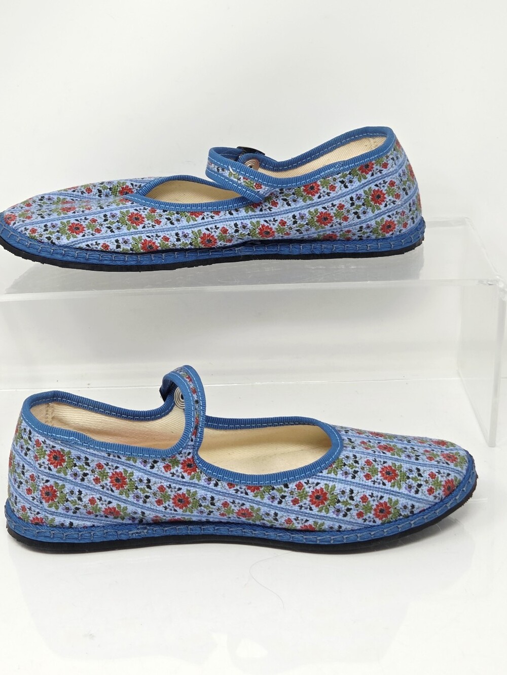 The Hill House x Vibi Venezia Mary Jane Flats Blue Floral Block Strip Womens 6 - Picture 3 of 10